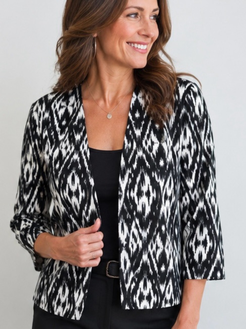Peter Nygard Petite Black White Ikat Open Front Jacket Blazer PS 8 Career Chic